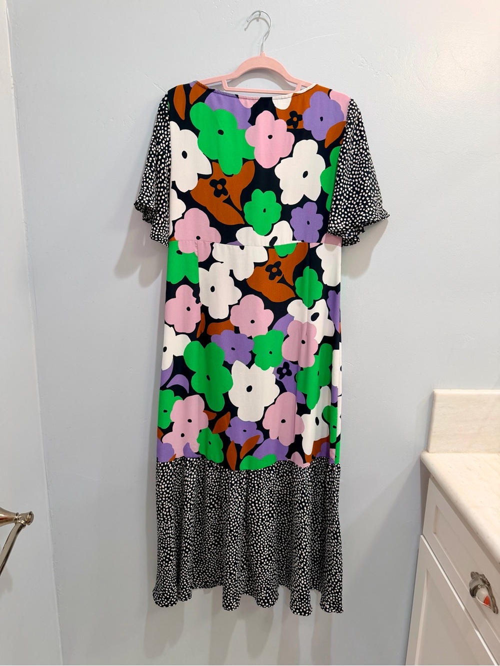 Sold Topshop Mixed Print Floral Polka Dot Midi Dress Multi-Color Flutter Sleeve - Picture 11 of 13
